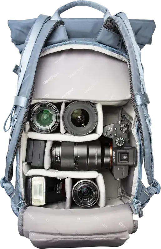 Vanguard VEO FLEX 43M Camera Backpack, Nylon, for DSLR/Mirrorless, 9.7" Tablet Pocket, Top/Side/Rear Access, Rain Cover, Blue