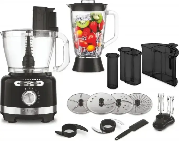 Zelmer ZFP9000B Food Processor, 2000W, 3L Plastic Bowl, 1.75L Glass Blender, 6 Speed Modes, Pulse, Stainless Steel Blades, Black