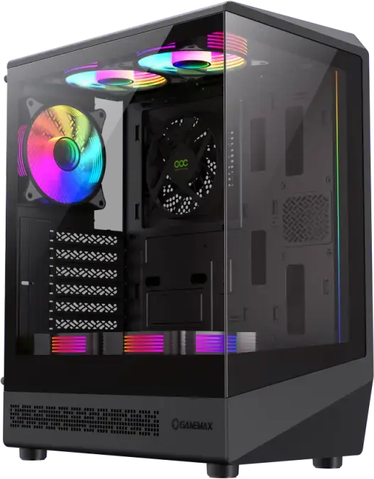 Gamemax Vista COC AB Midi-Tower Case, 262 Degree Panoramic Tempered Glass, 6x 120mm ARGB and COC Turbo Fans, ATX/M-ATX/ITX, Black