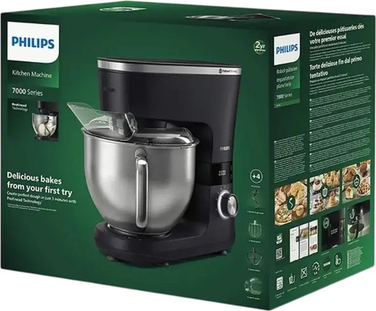 Philips HR7962/01 Series 7000 Kitchen Machine, 1000W, 5.5L Stainless Steel Bowl, ProKnead Technology, LED Display, Black