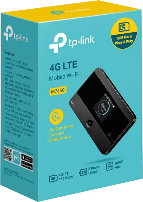 Router Wi-Fi Mobil 4G LTE TP-Link M7350, Viteza Download 150 Mbps, Baterie 2100mAh, Slot Nano SIM si MicroSD, Ecran LCD, Negru