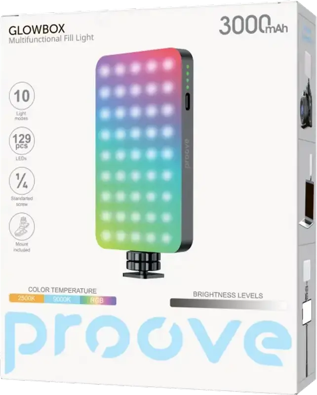 Proove Glowbox Multifunctional LED Fill Light Selfie Lamp, 129 LEDs, 3000mAh Battery, RGB & 10 Lighting Modes, 2500K-9000K Color Temp, USB Type-C