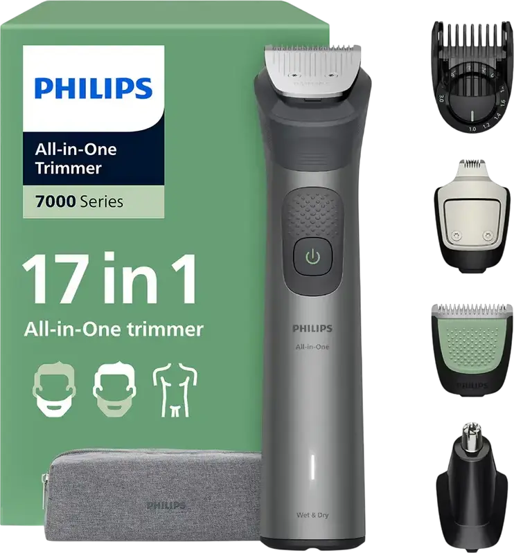 Philips MG7961/15 Series 7000 17-in-1 All-in-One Trimmer for Face, Head and Body, Stainless Steel Self-Sharpening Blades, BeardSense, 120min Runtime, Waterproof
