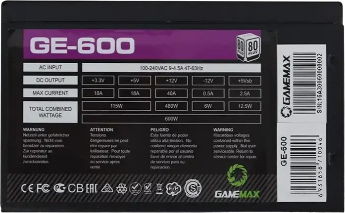 Gamemax GE-600 ECO Gamer 600W Power Supply, 80 Plus Efficiency, Active PFC, ATX Form Factor, 120mm Silent Fan, Black Mesh Cables
