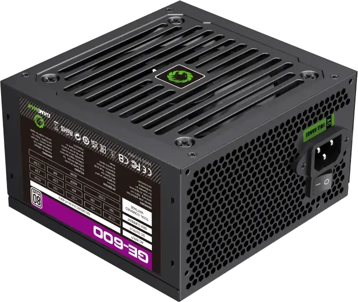 Gamemax GE-600 ECO Gamer 600W Power Supply, 80 Plus Efficiency, Active PFC, ATX Form Factor, 120mm Silent Fan, Black Mesh Cables