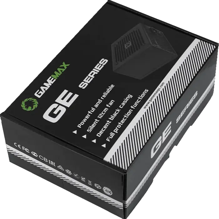 Gamemax GE-600 ECO Gamer 600W Power Supply, 80 Plus Efficiency, Active PFC, ATX Form Factor, 120mm Silent Fan, Black Mesh Cables
