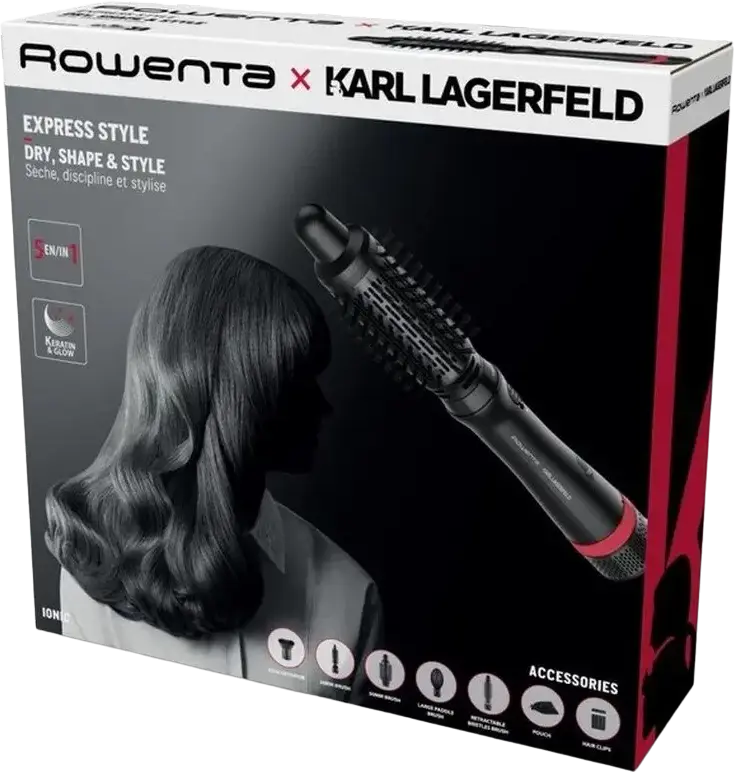 Rowenta CF635LF0 x Karl Lagerfeld Express Style 5-in-1 Hot Air Brush Hair Dryer, 800W, Keratin & Glow Coating, Ionization, 3 Temp/Air Settings, Black