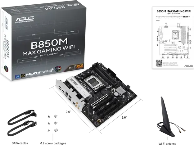 ASUS B850M MAX GAMING WIFI Motherboard AM5 AMD B850 Micro-ATX, DDR5 8000+ MT/s, PCIe 5.0, 3x M.2, Wi-Fi 6, Bluetooth 5.4, for Ryzen 9000/8000/7000