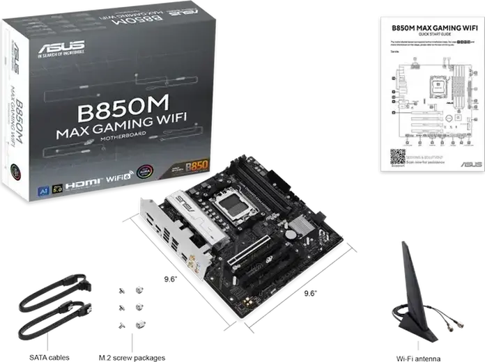 Материнская плата ASUS B850M MAX GAMING WIFI AM5 AMD B850 Micro-ATX, DDR5 8000+ MT/s, PCIe 5.0, 3x M.2, Wi-Fi 6, Bluetooth 5.4, для Ryzen 9000/8000/7000