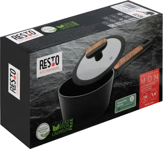 Resto Kitchenware 93186 MON Saucepan with Glass Lid, 1.4L, 16cm, Aluminum, Non-stick PFLUON Coating, Wood Handle, Induction Compatible, Black