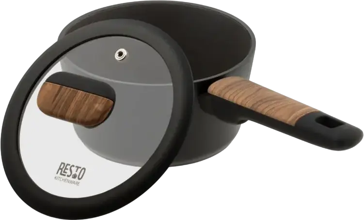 Resto Kitchenware 93186 MON Saucepan with Glass Lid, 1.4L, 16cm, Aluminum, Non-stick PFLUON Coating, Wood Handle, Induction Compatible, Black