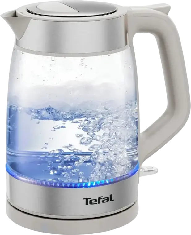 Fierbător Electric Tefal KI605B30, Capacitate 1.7L, Putere 2200W, Corp din Sticlă și Oțel Inoxidabil, Iluminare LED Albastră, Bază 360 grade, Culoare: Gri