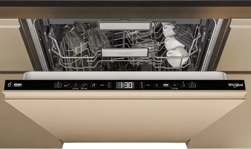 Whirlpool W7I HT58 T Integrated Full Size Dishwasher, 15 Place Settings, 6th Sense, PowerClean Pro, NaturalDry, 38 dBA, Energy Class B, Black
