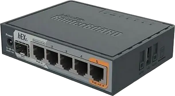 Гигабитный проводной роутер MikroTik hEX S, двухъядерный процессор 880 МГц, 256 МБ ОЗУ, 5 портов Gigabit Ethernet, SFP-слот, PoE In/Out, USB 2.0, microSD