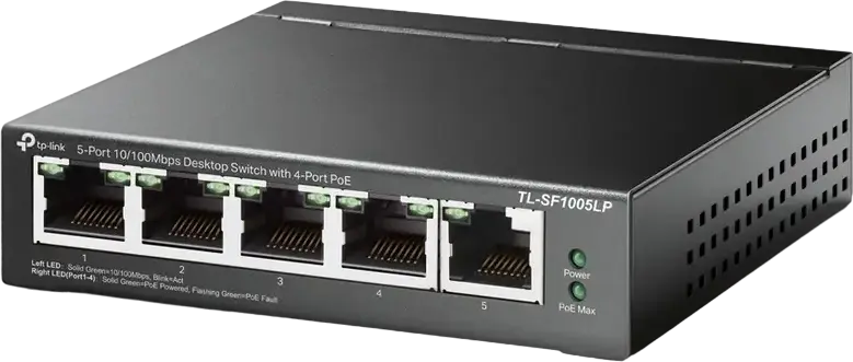 Switch PoE TP-Link TL-SF1005LP Neadministrat, 5 Porturi 10/100 Mbps, 4 Porturi PoE IEEE 802.3af, Buget Total 41W, Mod Extend 250m, Carcasă Metalică