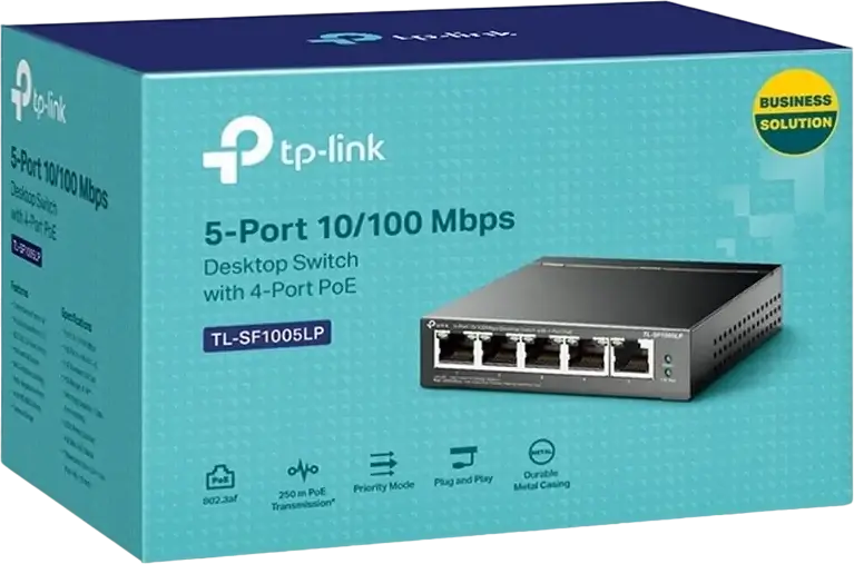 Switch PoE TP-Link TL-SF1005LP Neadministrat, 5 Porturi 10/100 Mbps, 4 Porturi PoE IEEE 802.3af, Buget Total 41W, Mod Extend 250m, Carcasă Metalică