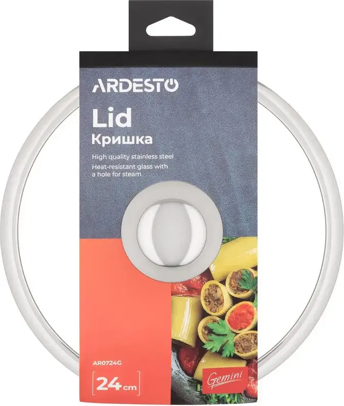 Capac pentru oala Ardesto Gemini AR0724G, 24 cm, Sticla Termorezistenta cu Maner din Otel Inoxidabil si Valva pentru Abur, Compatibil cu Masina de Spalat Vase
