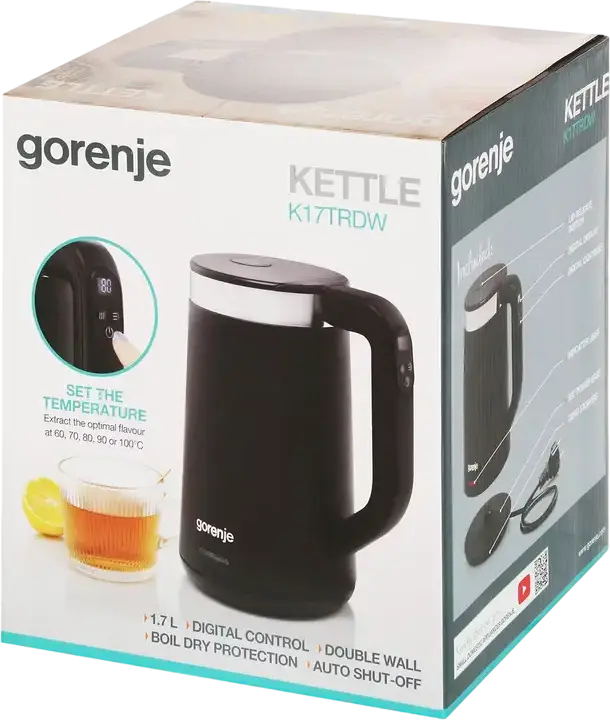 Электрический чайник Gorenje K17TRDW, 1.7 л, 2200 Вт, из нержавеющей стали, цифровое управление, 6 настроек температуры, функция подогрева, черный