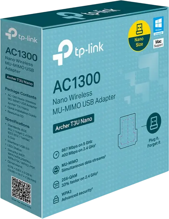 TP-Link Archer T3U Nano AC1300 Wireless MU-MIMO USB Adapter, Dual Band 867 Mbps (5 GHz) + 400 Mbps (2.4 GHz), WPA3 Security, USB 2.0, Black