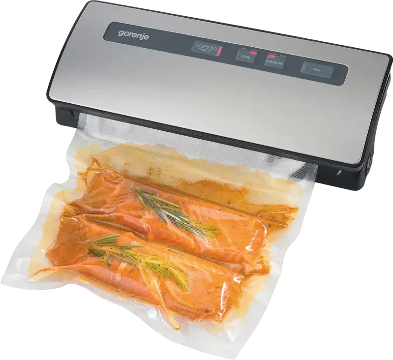 Gorenje VS120ES Vacuum Sealer, 120W, Stainless Steel and Plastic Housing, Grey, for Preserving Meat and Fish, with Cable Storage