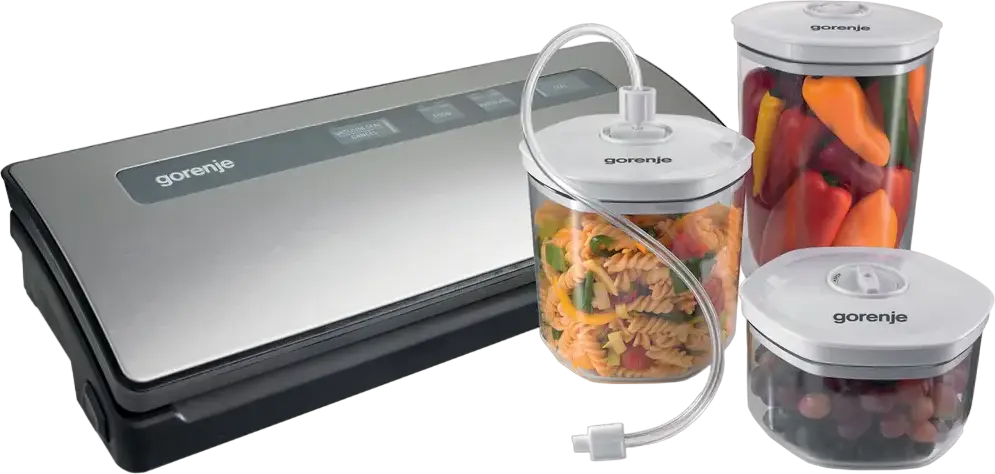 Gorenje VS120ES Vacuum Sealer, 120W, Stainless Steel and Plastic Housing, Grey, for Preserving Meat and Fish, with Cable Storage