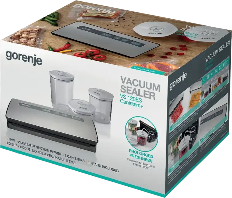 Gorenje VS120ES Vacuum Sealer, 120W, Stainless Steel and Plastic Housing, Grey, for Preserving Meat and Fish, with Cable Storage