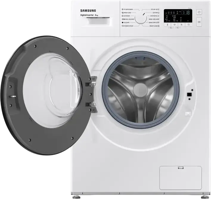 Стиральная машина Samsung WW60A3120BE/LE с фронтальной загрузкой, 6 кг, 1200 об/мин, Digital Inverter, Hygiene Steam, Drum Clean, Белый/Черный, 59.5x85x40 см