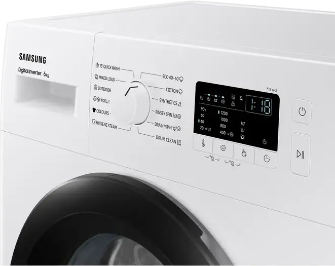 Стиральная машина Samsung WW60A3120BE/LE с фронтальной загрузкой, 6 кг, 1200 об/мин, Digital Inverter, Hygiene Steam, Drum Clean, Белый/Черный, 59.5x85x40 см