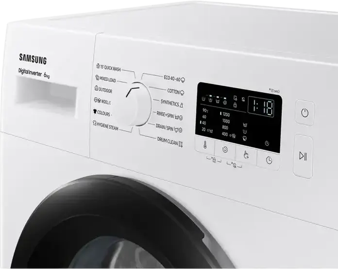 Стиральная машина Samsung WW60A3120BE/LE с фронтальной загрузкой, 6 кг, 1200 об/мин, Digital Inverter, Hygiene Steam, Drum Clean, Белый/Черный, 59.5x85x40 см