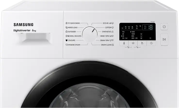 Стиральная машина Samsung WW60A3120BE/LE с фронтальной загрузкой, 6 кг, 1200 об/мин, Digital Inverter, Hygiene Steam, Drum Clean, Белый/Черный, 59.5x85x40 см