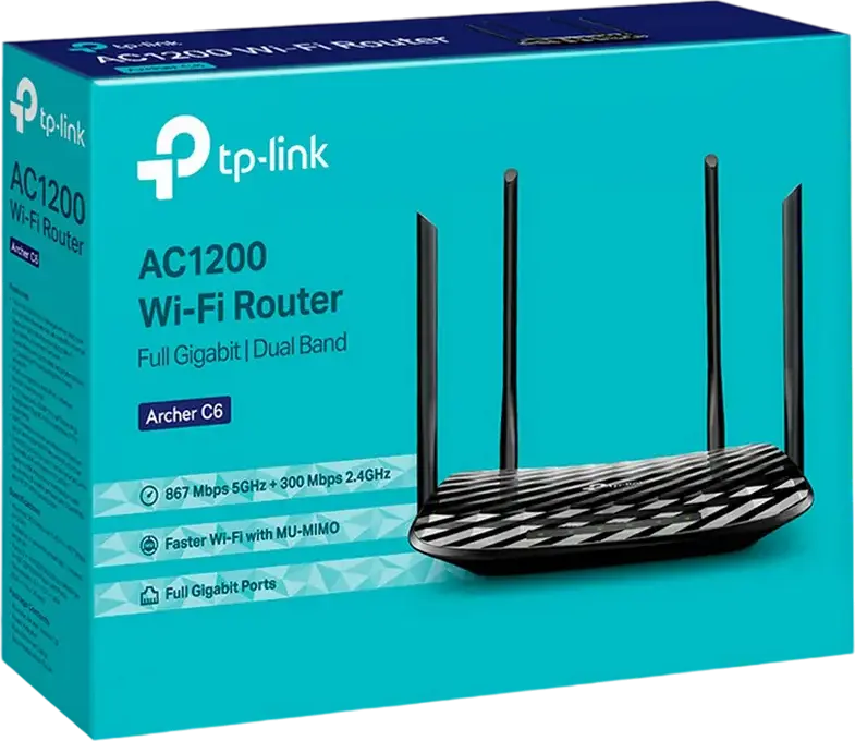 Wi-Fi роутер TP-Link Archer C6 AC1200 двухдиапазонный гигабитный, MU-MIMO, Beamforming, OneMesh, 4 внешние антенны, CPU 1.2 ГГц, 4 LAN и 1 WAN порта, черный