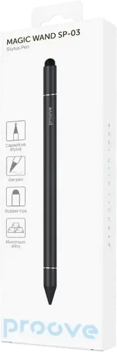 Proove Magic Wand SP-03 Universal Stylus Pen, Black, Lightweight Metal Alloy Touch Screen Pen with Interchangeable Precision and Disc Tips, Magnetic Cap