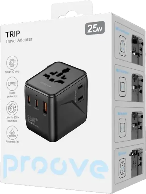 Proove Trip 25W Universal Travel Adapter, GaN III Tech, 3 USB Ports (2x USB-C, 1x USB-A), 25W Fast Charging, Fireproof PC, 200+ Countries, Black