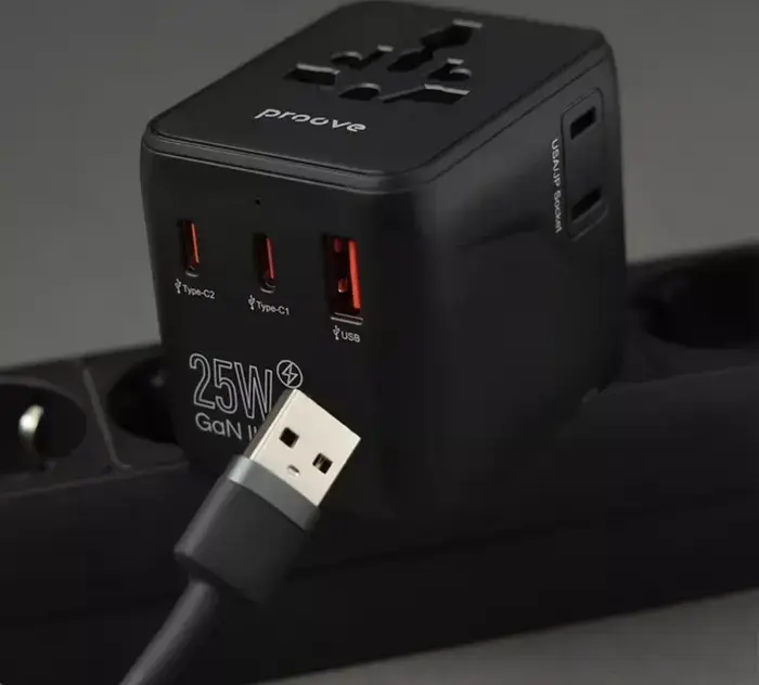Proove Trip 25W Universal Travel Adapter, GaN III Tech, 3 USB Ports (2x USB-C, 1x USB-A), 25W Fast Charging, Fireproof PC, 200+ Countries, Black