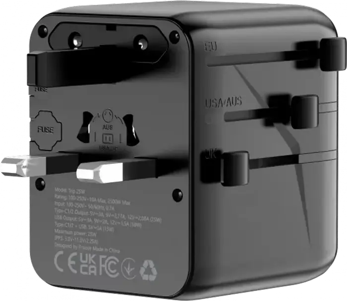 Proove Trip 25W Universal Travel Adapter, GaN III Tech, 3 USB Ports (2x USB-C, 1x USB-A), 25W Fast Charging, Fireproof PC, 200+ Countries, Black