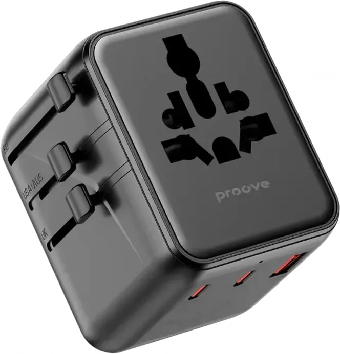 Proove Trip 25W Universal Travel Adapter, GaN III Tech, 3 USB Ports (2x USB-C, 1x USB-A), 25W Fast Charging, Fireproof PC, 200+ Countries, Black