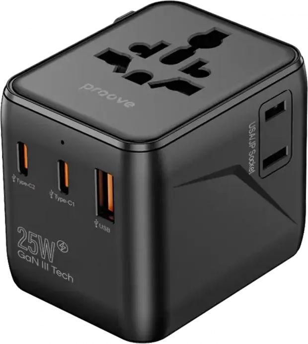 Proove Trip 25W Universal Travel Adapter, GaN III Tech, 3 USB Ports (2x USB-C, 1x USB-A), 25W Fast Charging, Fireproof PC, 200+ Countries, Black
