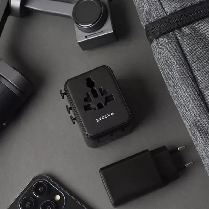 Proove Trip 25W Universal Travel Adapter, GaN III Tech, 3 USB Ports (2x USB-C, 1x USB-A), 25W Fast Charging, Fireproof PC, 200+ Countries, Black