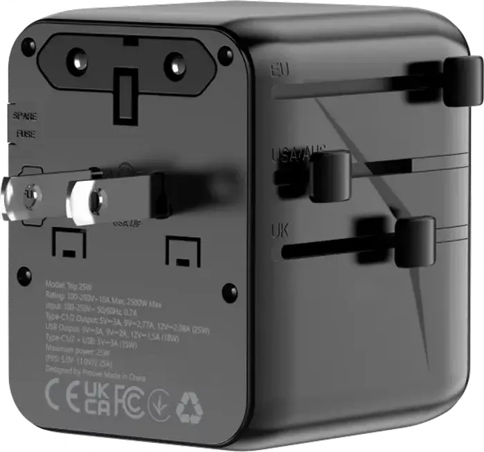 Proove Trip 25W Universal Travel Adapter, GaN III Tech, 3 USB Ports (2x USB-C, 1x USB-A), 25W Fast Charging, Fireproof PC, 200+ Countries, Black