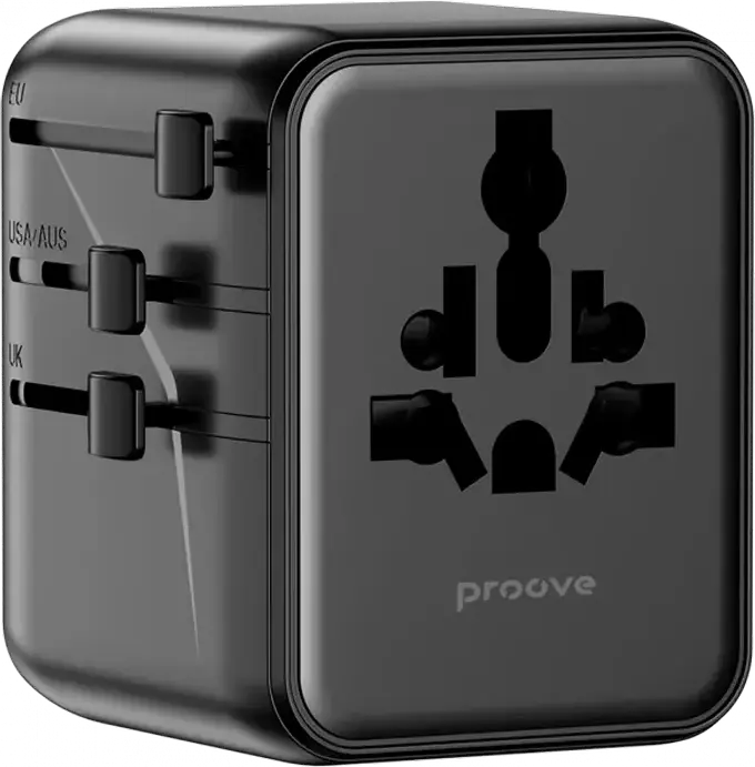 Proove Trip 25W Universal Travel Adapter, GaN III Tech, 3 USB Ports (2x USB-C, 1x USB-A), 25W Fast Charging, Fireproof PC, 200+ Countries, Black