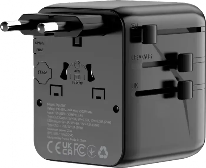 Proove Trip 25W Universal Travel Adapter, GaN III Tech, 3 USB Ports (2x USB-C, 1x USB-A), 25W Fast Charging, Fireproof PC, 200+ Countries, Black