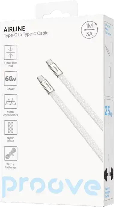 Cablu Proove AirLine USB-C la USB-C 60W Power Delivery 3A 480Mbps Transfer Date 1m Nylon Impletit Cablu Plat Ultra-Subtire cu Clip de Fixare, Alb