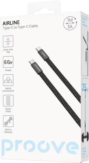 Кабель Proove AirLine USB-C - USB-C 60W Power Delivery 3A 480Мбит/с Передача Данных 1м Нейлоновая Оплетка Ультратонкий Плоский Кабель с Клипсой, Черный