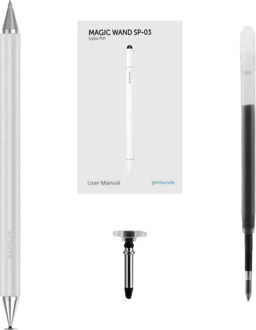 Proove Magic Wand SP-03 Universal Stylus Pen, White, Lightweight Metal Alloy Touch Screen Pen with Interchangeable Precision and Disc Tips, Magnetic Cap