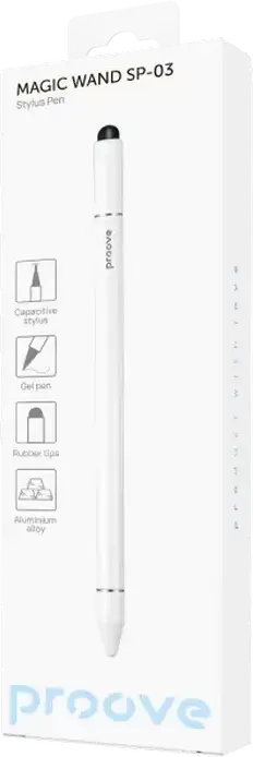 Proove Magic Wand SP-03 Universal Stylus Pen, White, Lightweight Metal Alloy Touch Screen Pen with Interchangeable Precision and Disc Tips, Magnetic Cap