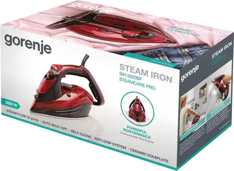 Fier de calcat cu abur Gorenje SIH2800BF SteamCare Pro, 2800W, Talpa Ceramica, Rezervor 350ml, Jet Abur 220g/min, Calcare Verticala, Auto-Oprire