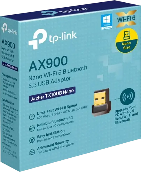 TP-Link Archer TX10UB Nano AX900 Wi-Fi 6 USB Adapter, Dual Band 802.11ax, Bluetooth 5.3, WPA3 Security, Compact Nano Form Factor, Black