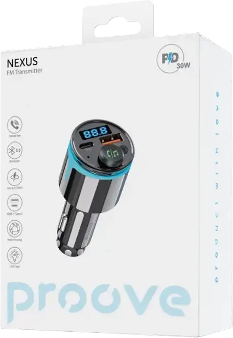 Proove Nexus FM Launcher Modulator Auto, Incarcator Rapid 30W PD & QC3.0 USB-C si USB-A, Bluetooth 5.3, Kit Mani Libere, TF/U-Disk, Metal, Negru