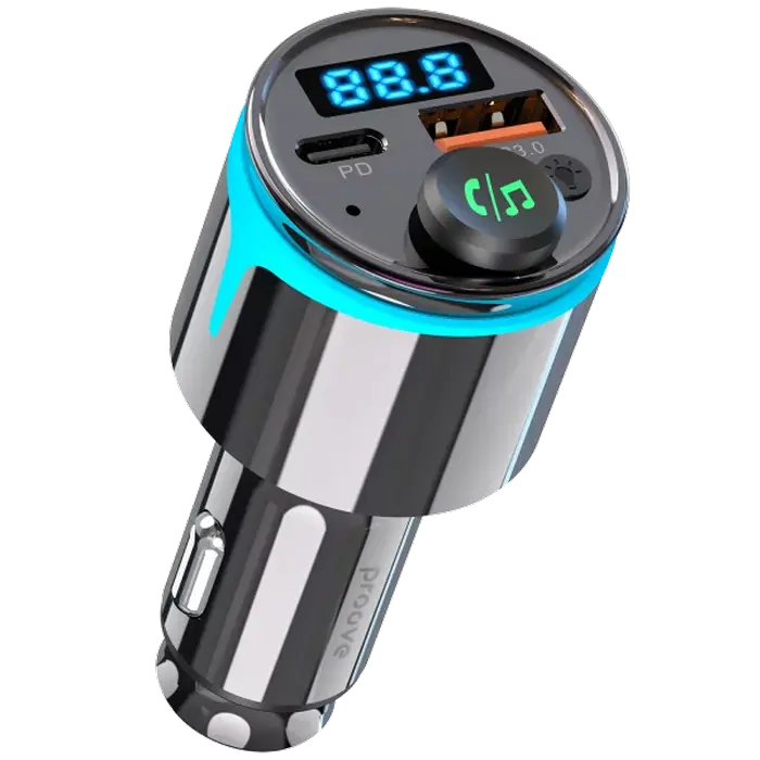 Proove Nexus FM Launcher Modulator Auto, Incarcator Rapid 30W PD & QC3.0 USB-C si USB-A, Bluetooth 5.3, Kit Mani Libere, TF/U-Disk, Metal, Negru