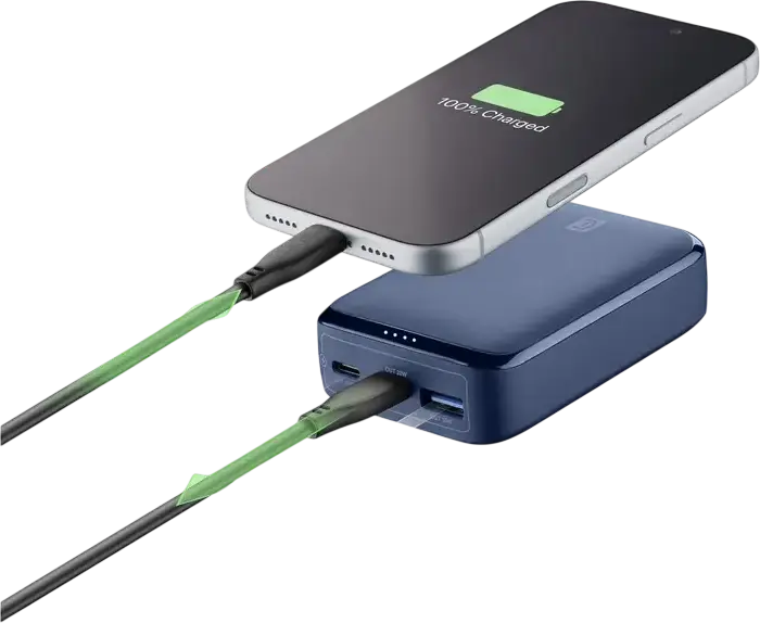 Cellularline Essence 10000mAh 20W Power Bank, Blue, Power Delivery PD Fast Charging, USB-C and USB-A Ports, Compact Portable External Battery